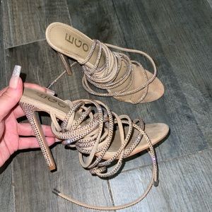 Nude rhinestone thigh heel